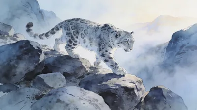 Visual depiction of A snow leopard picking its way carefully across a boulder-strewn mountain ridge in morning mist