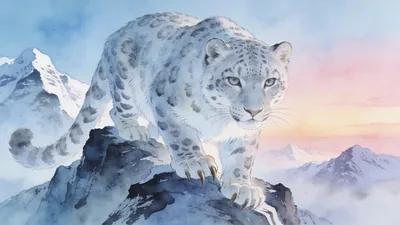 Visual depiction of A snow leopard poised on a Himalayan ridge at dawn