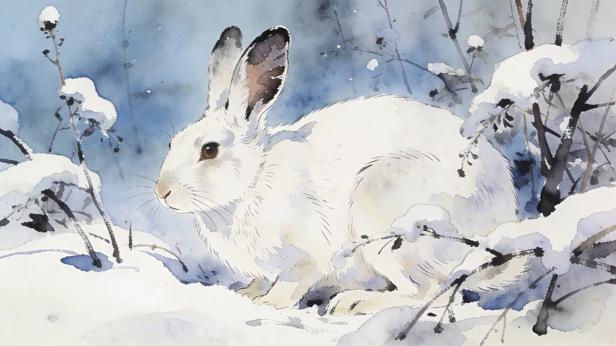 Visual depiction of A snowshoe hare in white winter coat crouching in snowy undergrowth
