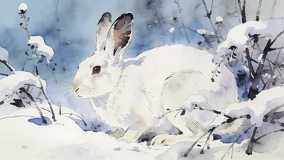 Visual depiction of A snowshoe hare in white winter coat crouching in snowy undergrowth