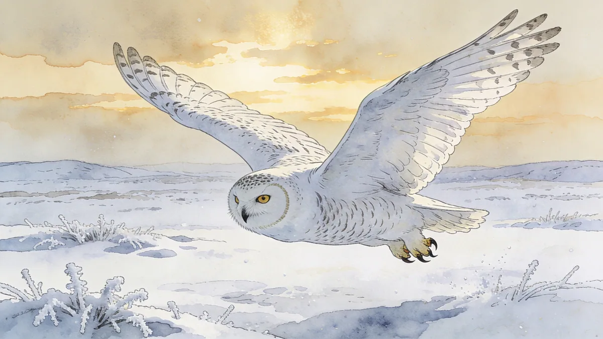 Visual depiction of A snowy owl gliding low and silent over frozen tundra at dusk