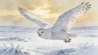 Visual depiction of A snowy owl gliding low and silent over frozen tundra at dusk