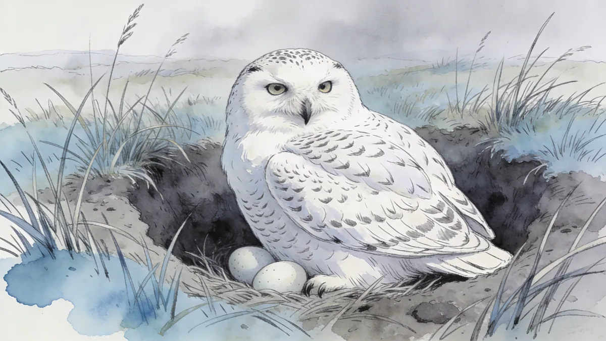 Visual depiction of A snowy owl nesting in a shallow scrape in tundra grasses