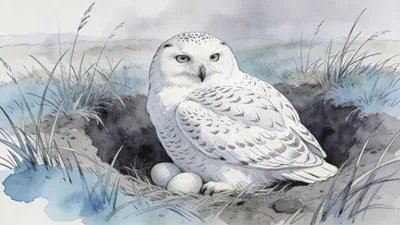 Visual depiction of A snowy owl nesting in a shallow scrape in tundra grasses