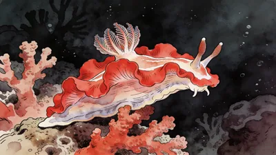 Visual depiction of A Spanish dancer nudibranch moving across coral