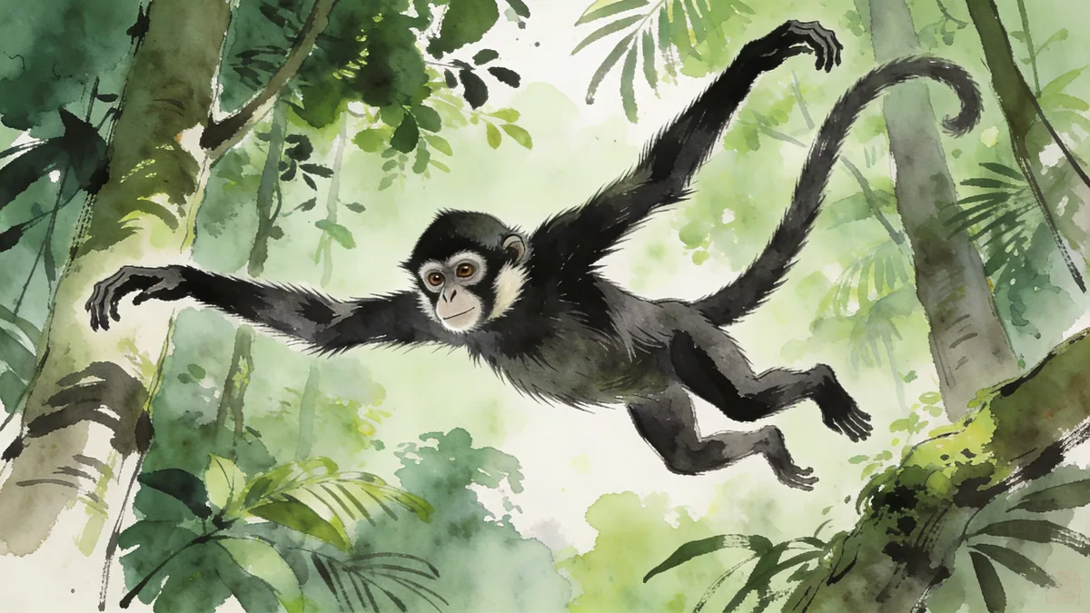 Visual depiction of A spider monkey leaping between rainforest trees