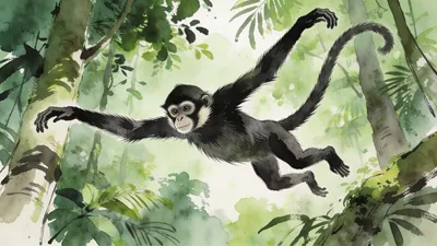 Visual depiction of A spider monkey leaping between rainforest trees