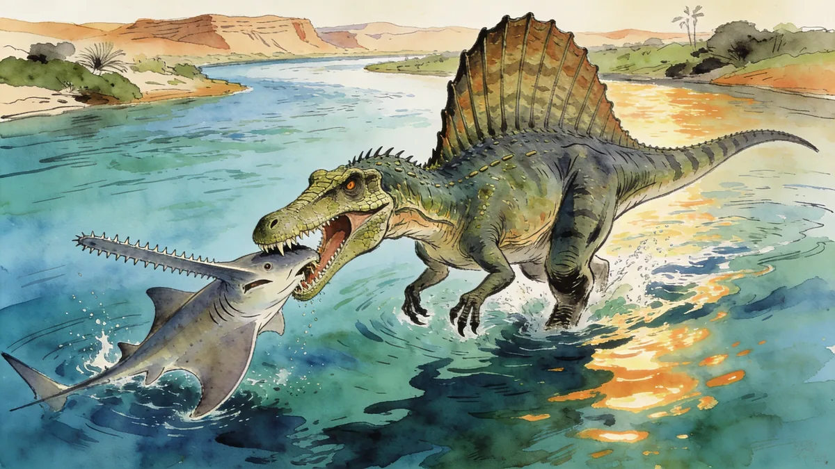 Visual depiction of A Spinosaurus wading into a North African river to catch a sawfish