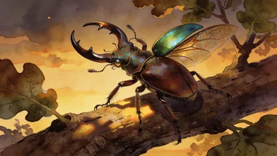 Visual depiction of A stag beetle male raising its massive mandibles on an oak branch at dusk