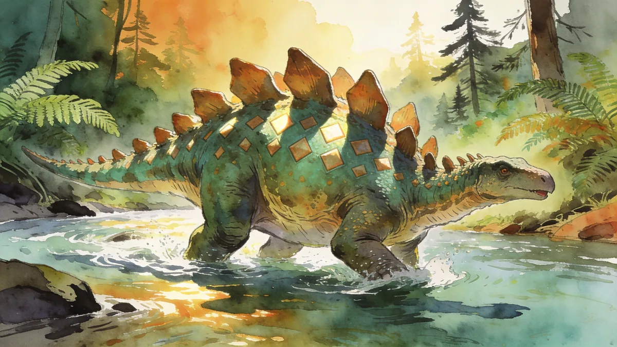 Visual depiction of A Stegosaurus wading through a Jurassic river