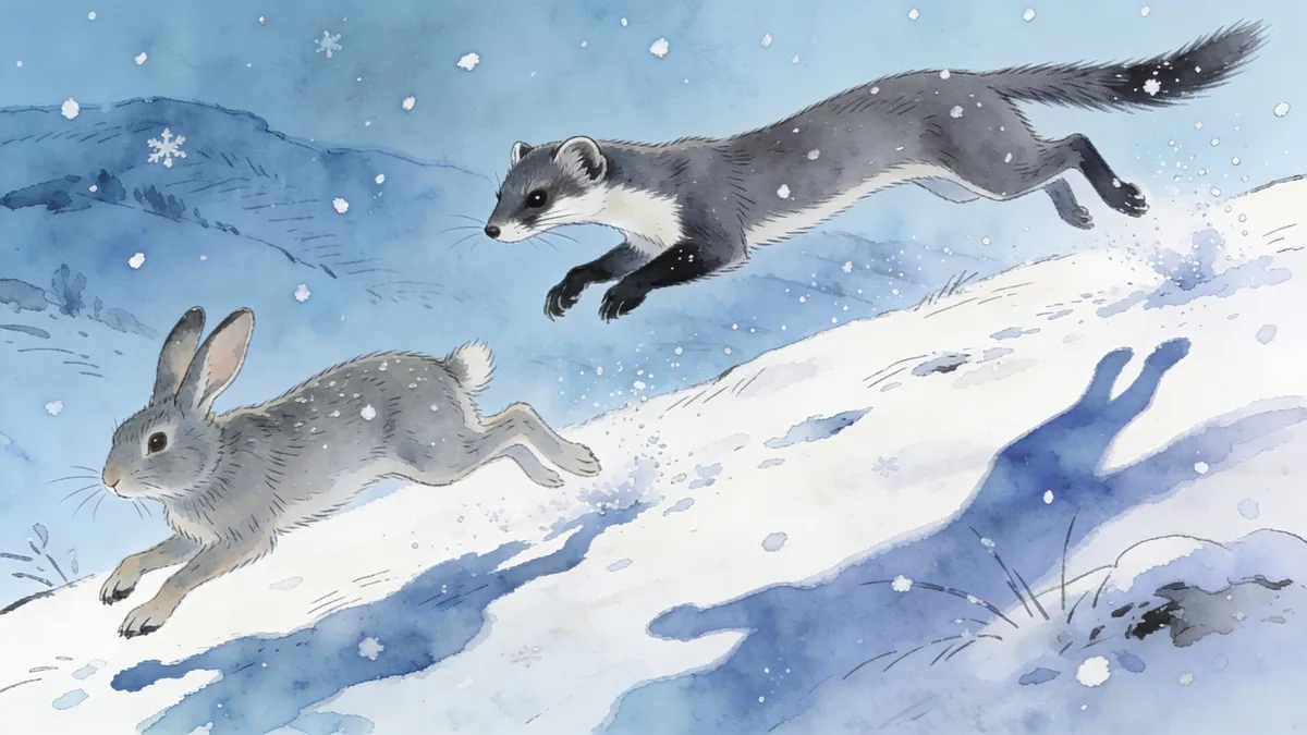 Visual depiction of A stoat chasing a rabbit across a snow-covered hillside