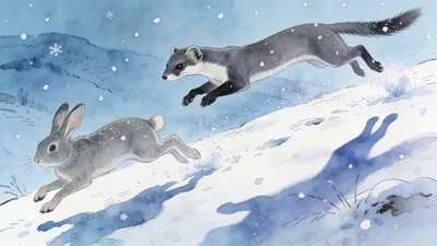 Visual depiction of A stoat chasing a rabbit across a snow-covered hillside