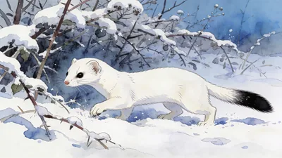 Visual depiction of A stoat in white ermine winter coat hunting through a snowy hedgerow