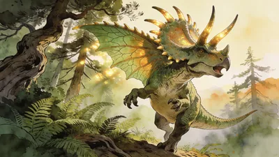 Visual depiction of A Styracosaurus displaying its spectacular frill of horns in challenge