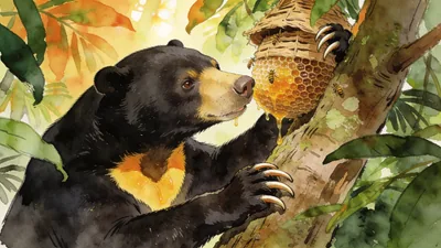 Visual depiction of A sun bear climbing a jungle tree to reach a beehive