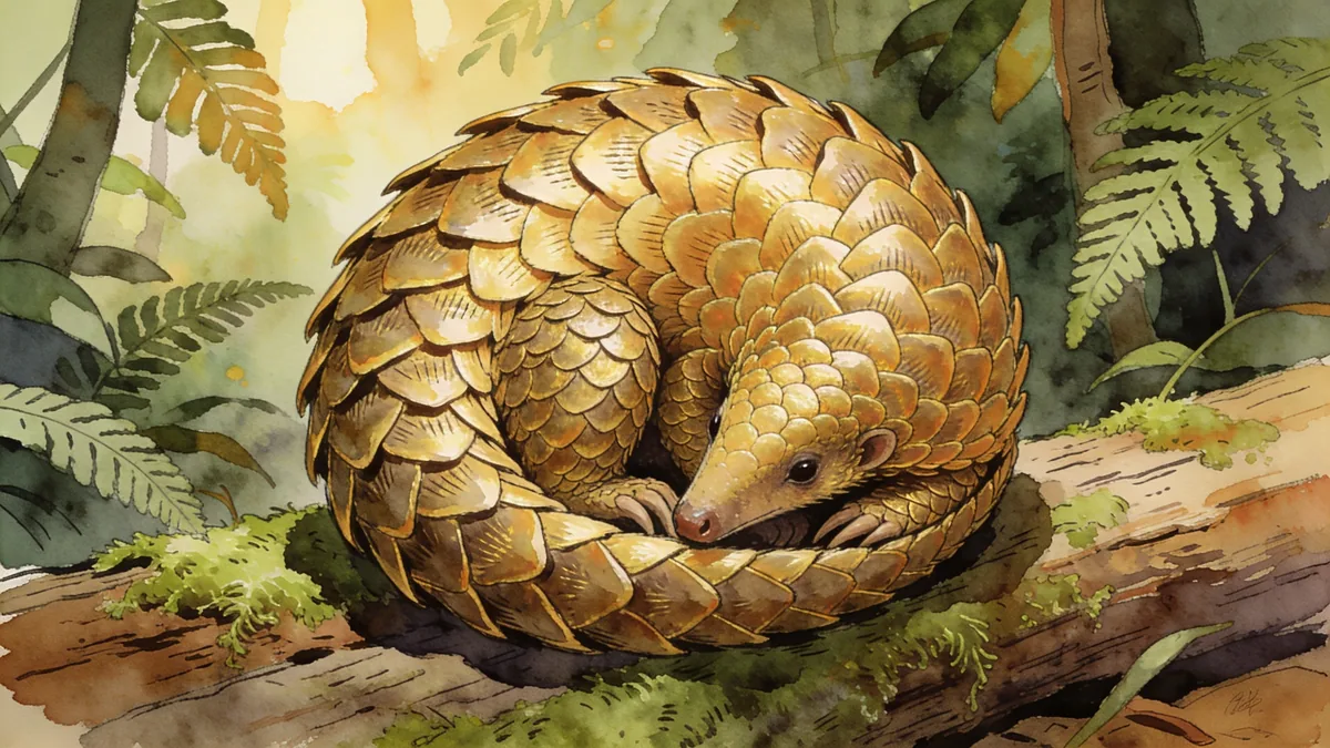 Visual depiction of A Sunda pangolin curled into a perfect ball of golden scales on a jungle floor log