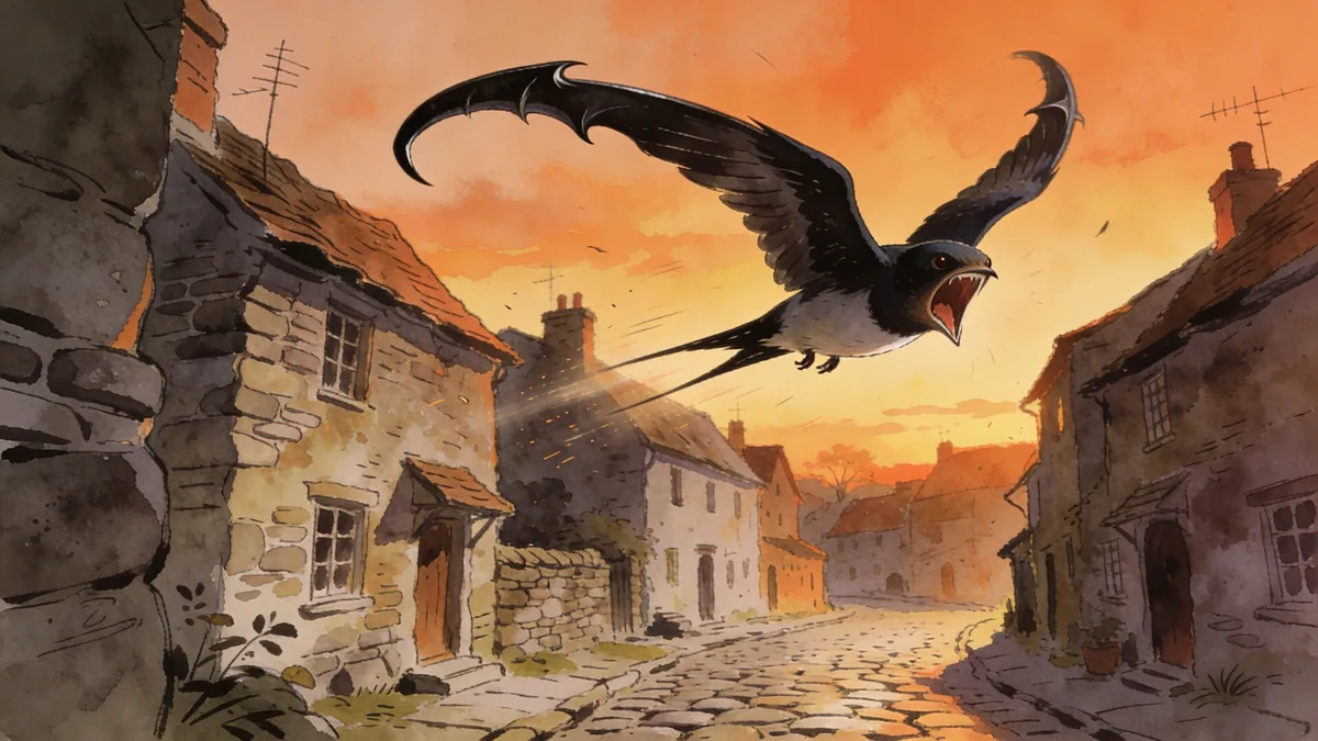 Visual depiction of A swift screaming through an old village at dusk