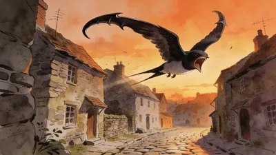 Visual depiction of A swift screaming through an old village at dusk
