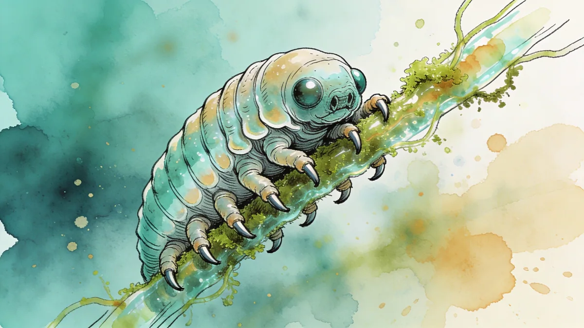 Visual depiction of A tardigrade clinging to a moss filament