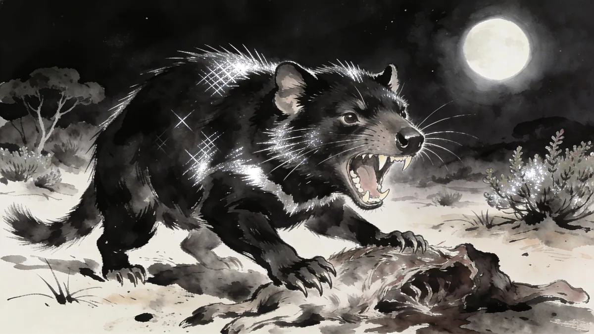 Visual depiction of A Tasmanian devil snarling over a carcass at night