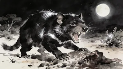Visual depiction of A Tasmanian devil snarling over a carcass at night