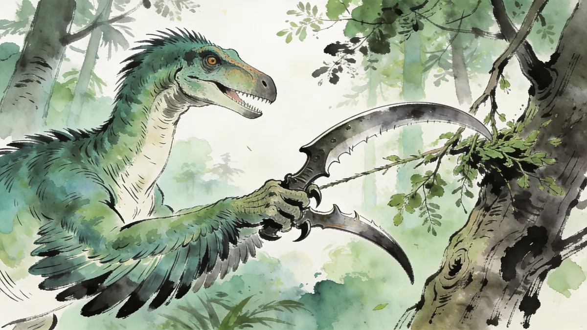 Visual depiction of A Therizinosaurus using enormous scythe claws to pull down tree branches in a Cretaceous forest