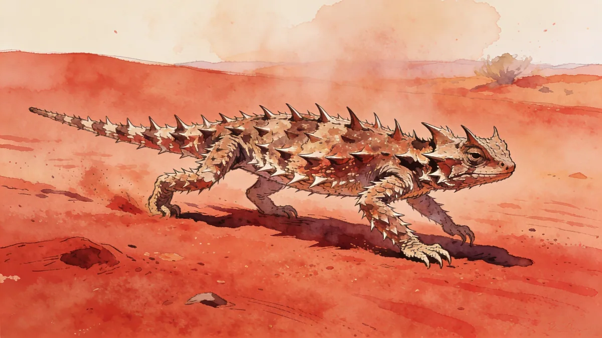 Visual depiction of A thorny devil lizard walking slowly across red Australian desert