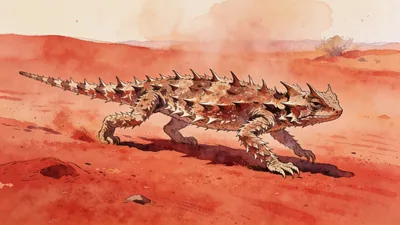 Visual depiction of A thorny devil lizard walking slowly across red Australian desert