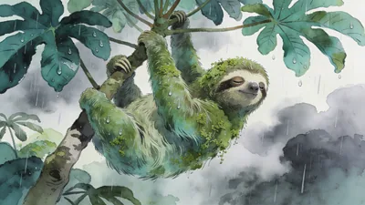 Visual depiction of A three-toed sloth hanging in a cecropia tree in cloud forest rain