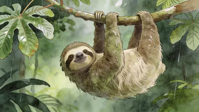 Visual depiction of A three-toed sloth hanging upside down from a cecropia branch in rain