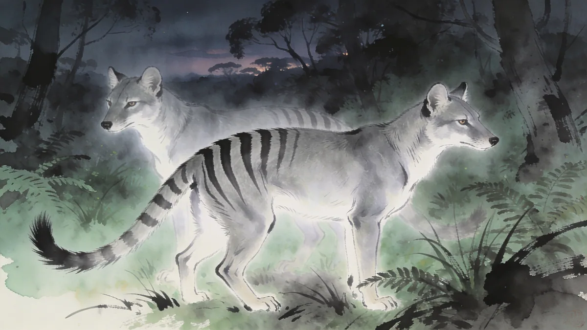 Visual depiction of A thylacine pair in Tasmanian bush at dusk