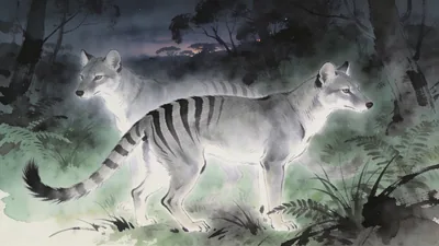 Visual depiction of A thylacine pair in Tasmanian bush at dusk