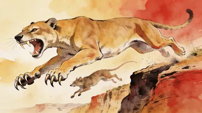 Visual depiction of A Thylacoleo marsupial lion leaping onto prey from an Australian cliff