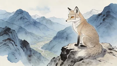 Visual depiction of A Tibetan fox sitting on a rocky mountain outcrop watching the valley below