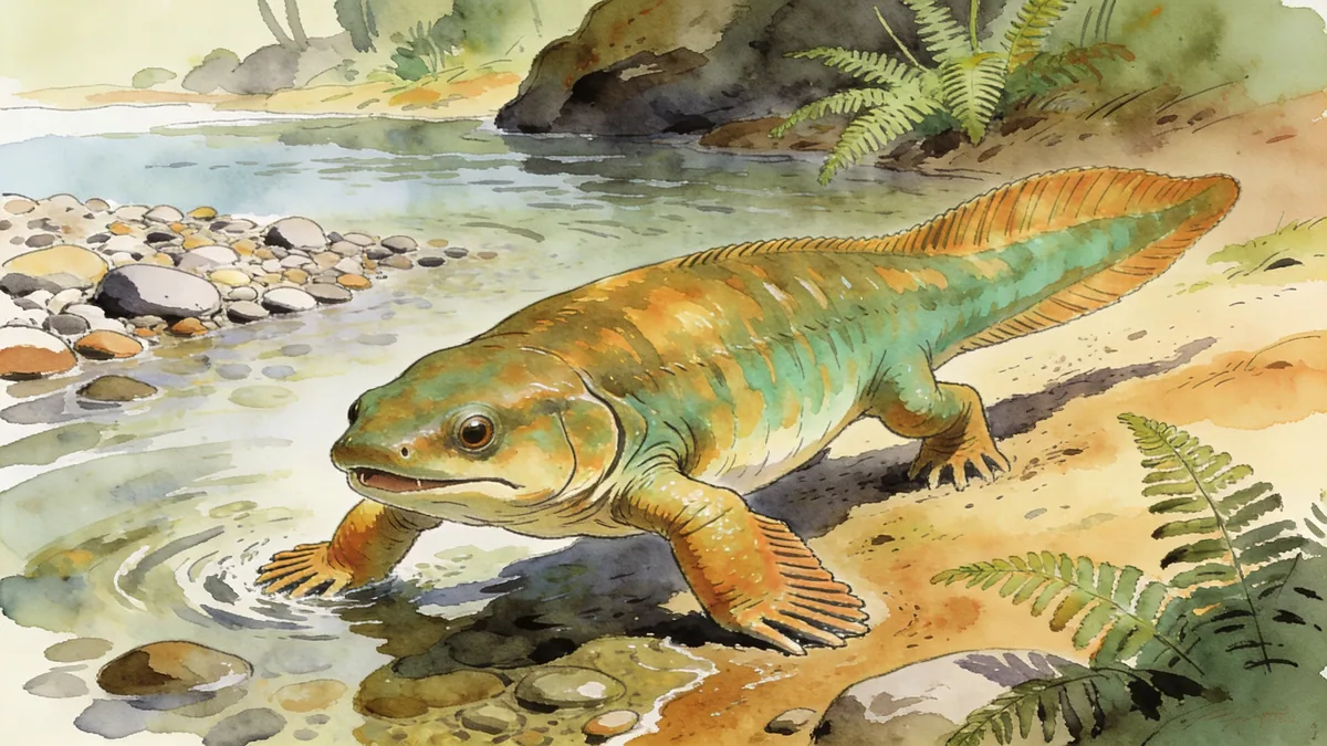 Visual depiction of A Tiktaalik crawling onto land from a shallow Devonian river