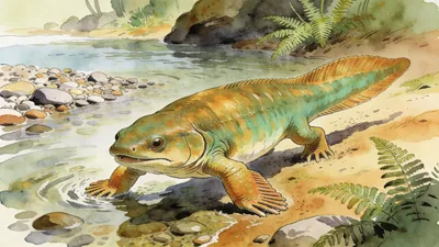 Visual depiction of A Tiktaalik crawling onto land from a shallow Devonian river