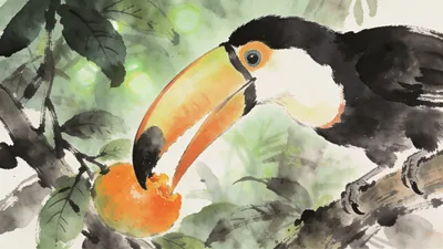 Visual depiction of A toucan plucking a bright fruit from a tree in the jungle canopy