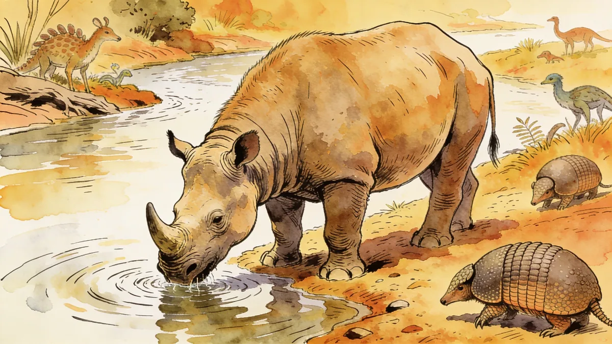 Visual depiction of A Toxodon — South American large-bodied grazer — drinking at a Pleistocene river alongside glyptodonts