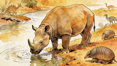 Visual depiction of A Toxodon — South American large-bodied grazer — drinking at a Pleistocene river alongside glyptodonts