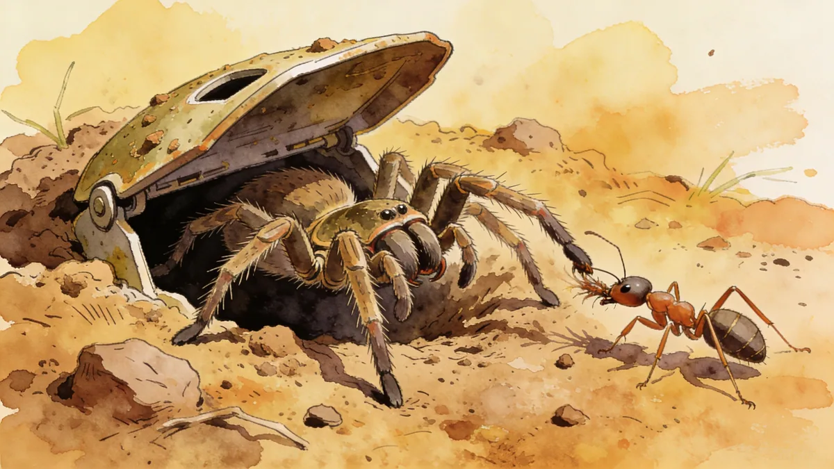 Visual depiction of A trapdoor spider opening its hinged burrow lid to seize a passing ant