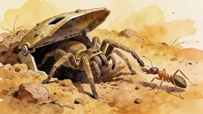 Visual depiction of A trapdoor spider opening its hinged burrow lid to seize a passing ant