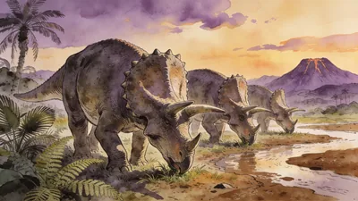 Visual depiction of A Triceratops herd grazing on a Cretaceous floodplain at dusk