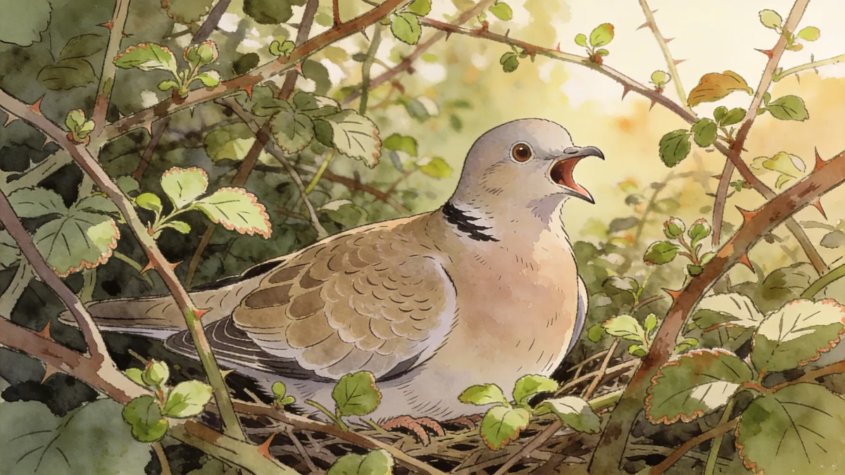 Visual depiction of A turtle dove calling from a bramble thicket in summer