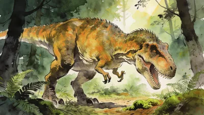 Visual depiction of A Tyrannosaurus rex in a Late Cretaceous forest clearing
