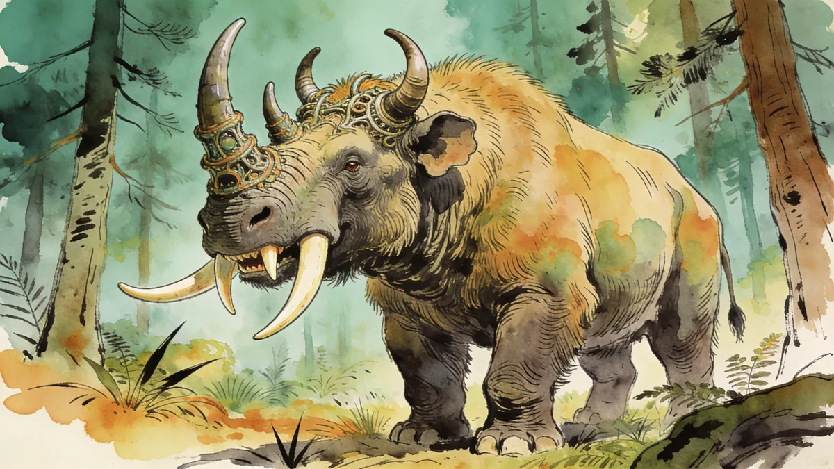 Visual depiction of A Uintatherium — elephant-sized with multiple horns and sabre teeth — in an Eocene North American forest