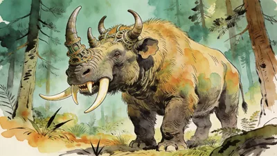 Visual depiction of A Uintatherium — elephant-sized with multiple horns and sabre teeth — in an Eocene North American forest