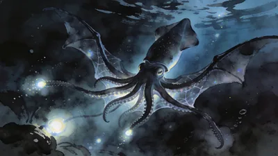 Visual depiction of A vampire squid spreading its dark webbed arms in the mesopelagic zone