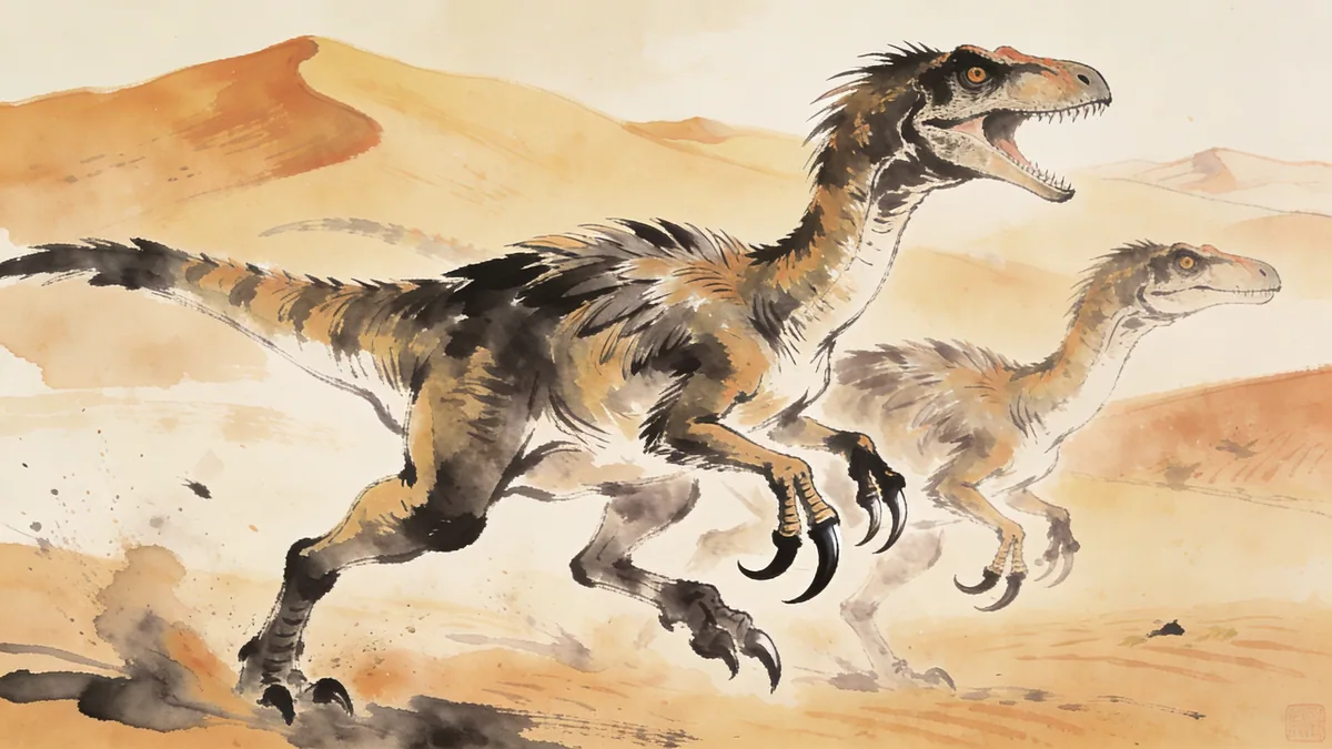 Visual depiction of A Velociraptor pair hunting in the Mongolian desert