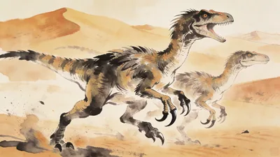 Visual depiction of A Velociraptor pair hunting in the Mongolian desert