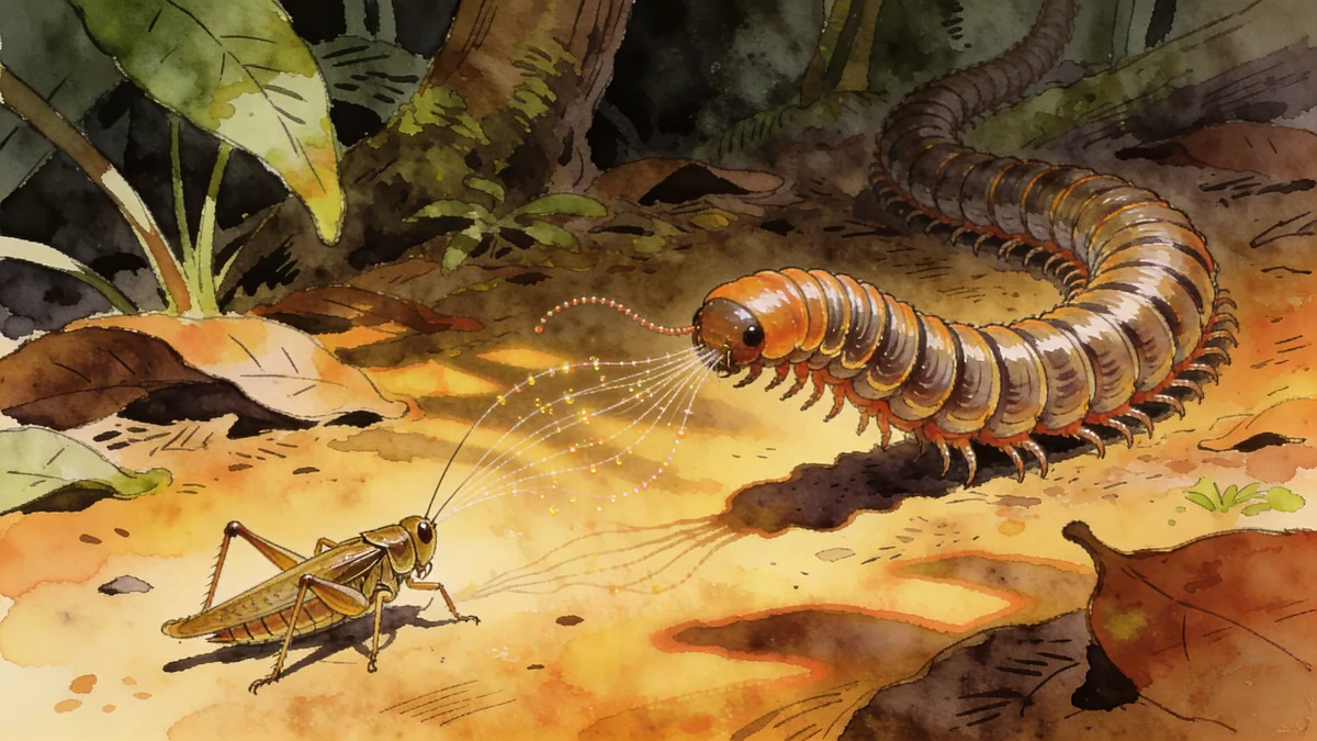 Visual depiction of A velvet worm shooting sticky threads at a cricket on a rainforest floor